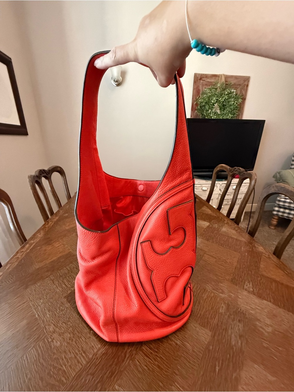 Tory Burch Coral-Red Leather Shoulder Bag